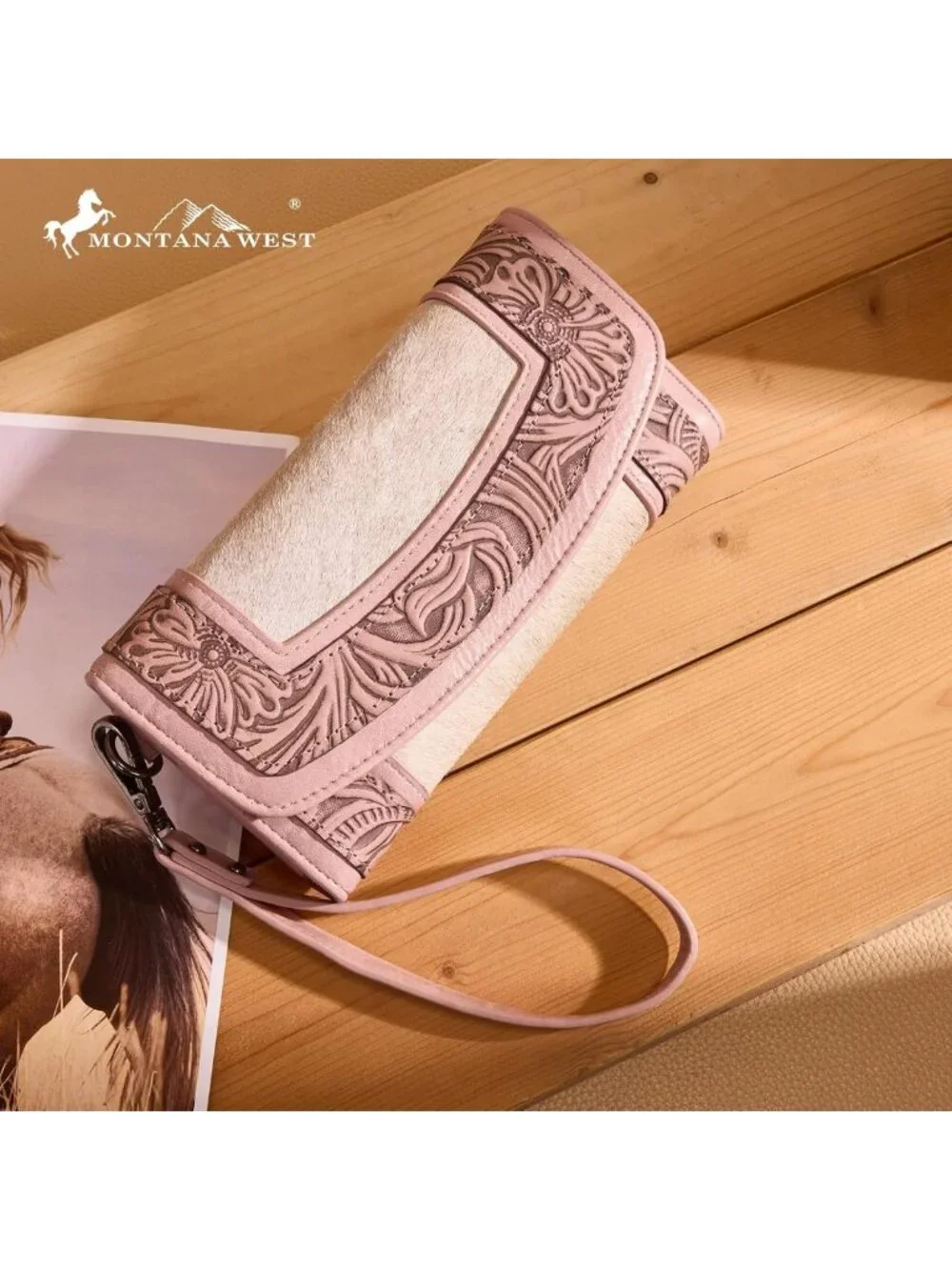 Western Floral Tooled Cowhide Wristlet Wallet for Women - Large Capacity Trifold